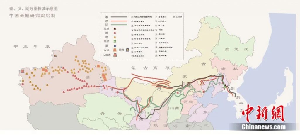 秦、汉、明万里长城示意图